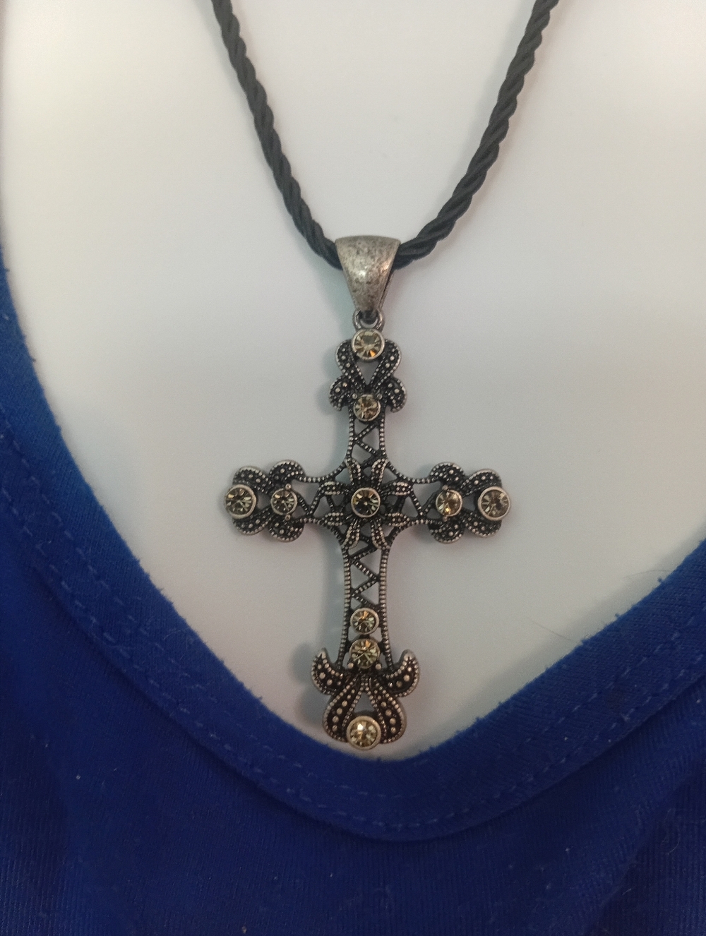 Antique Silver-Tone Cross Necklace with Champagne Crystals
